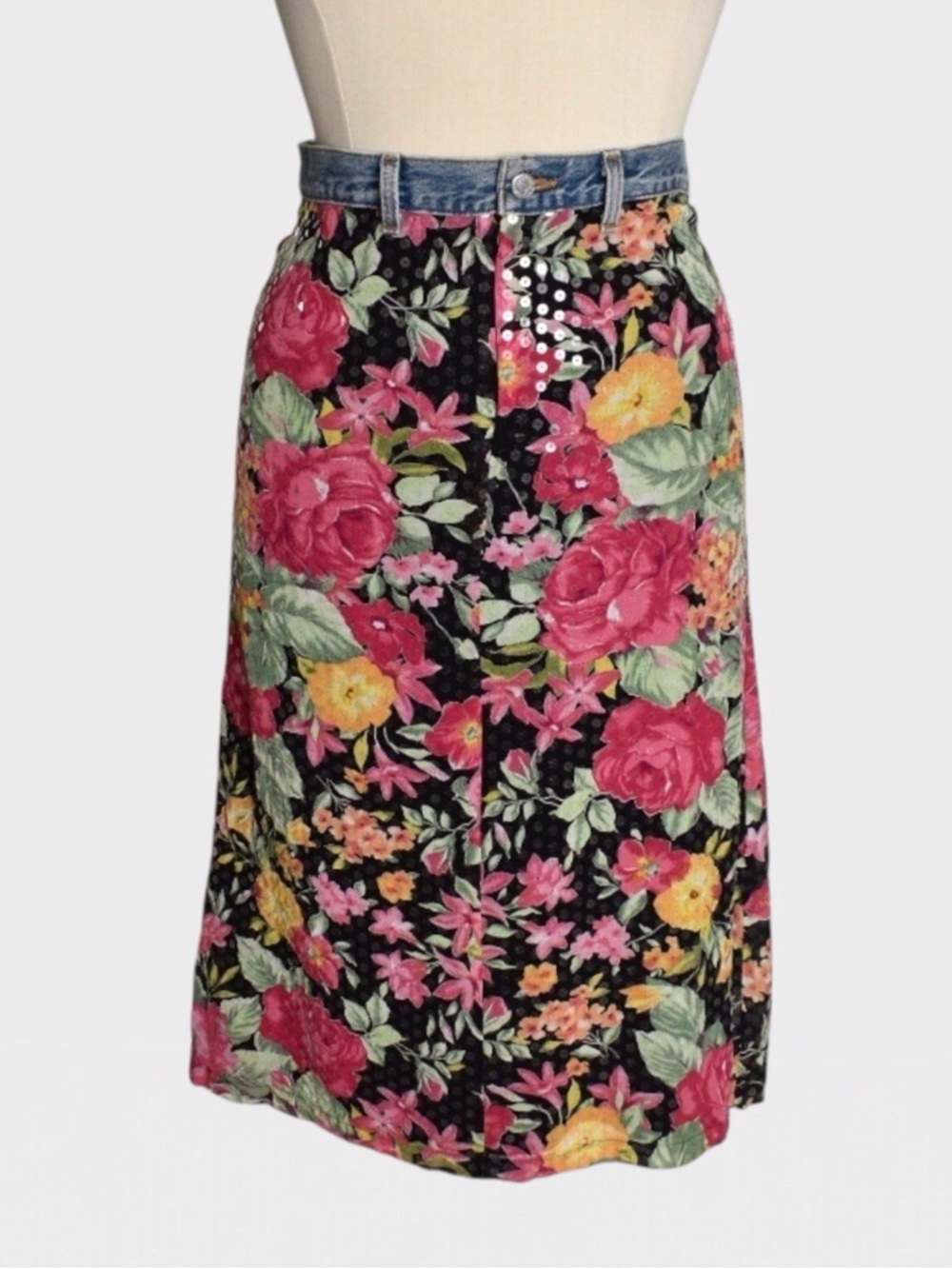 Ruth Floral Sequin Midi Skirt Levi Denim Waistband